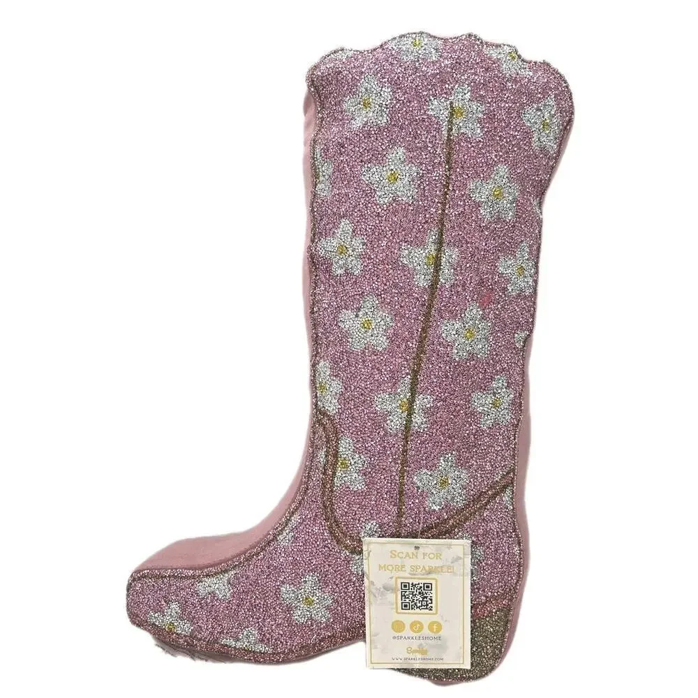 Sparkles Home Luminous Pink Flower Cowgirl Boot Rhinestone Shaped Throw Pillow